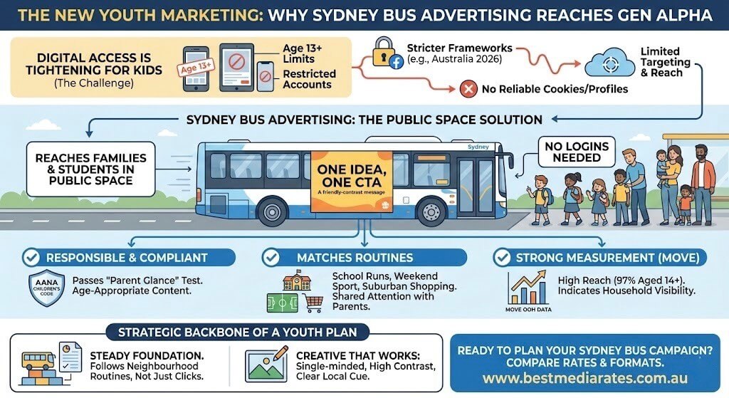 Youth-focused bus advertising campaign for modern urban marketing