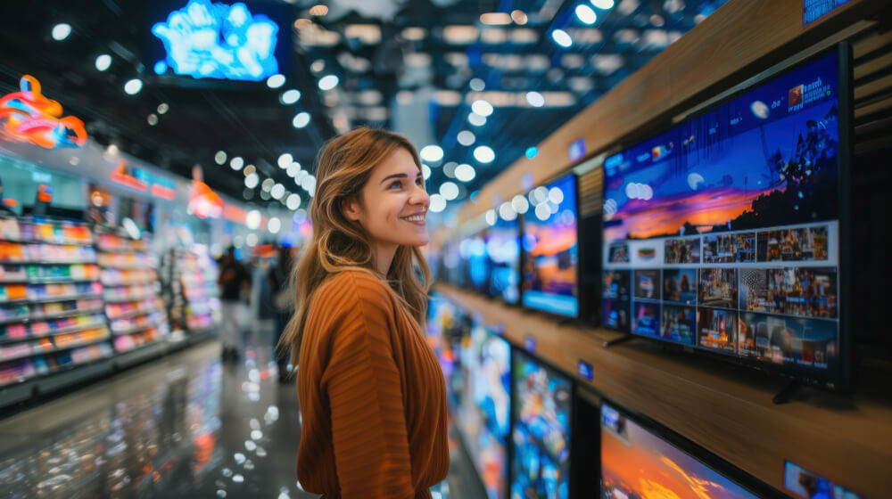 Woman looking at the advertisement on TV